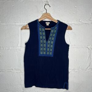 J. Crew Factory Women's Navy Blue Embroidered Placket Cotton Tank Top Size XXS